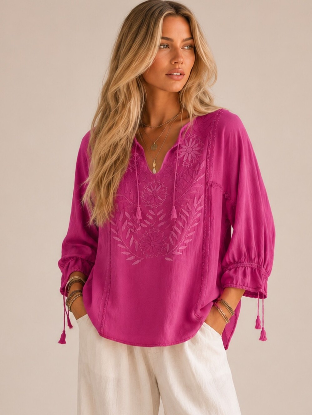 Bohemian Embroidered Pink Peasant Blouse Tassel Tie Neo Boho Size Large